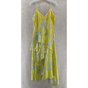 Tanya Taylor Yellow Blue Floral Silk Metallic Ruffle Midi Dress Size 2